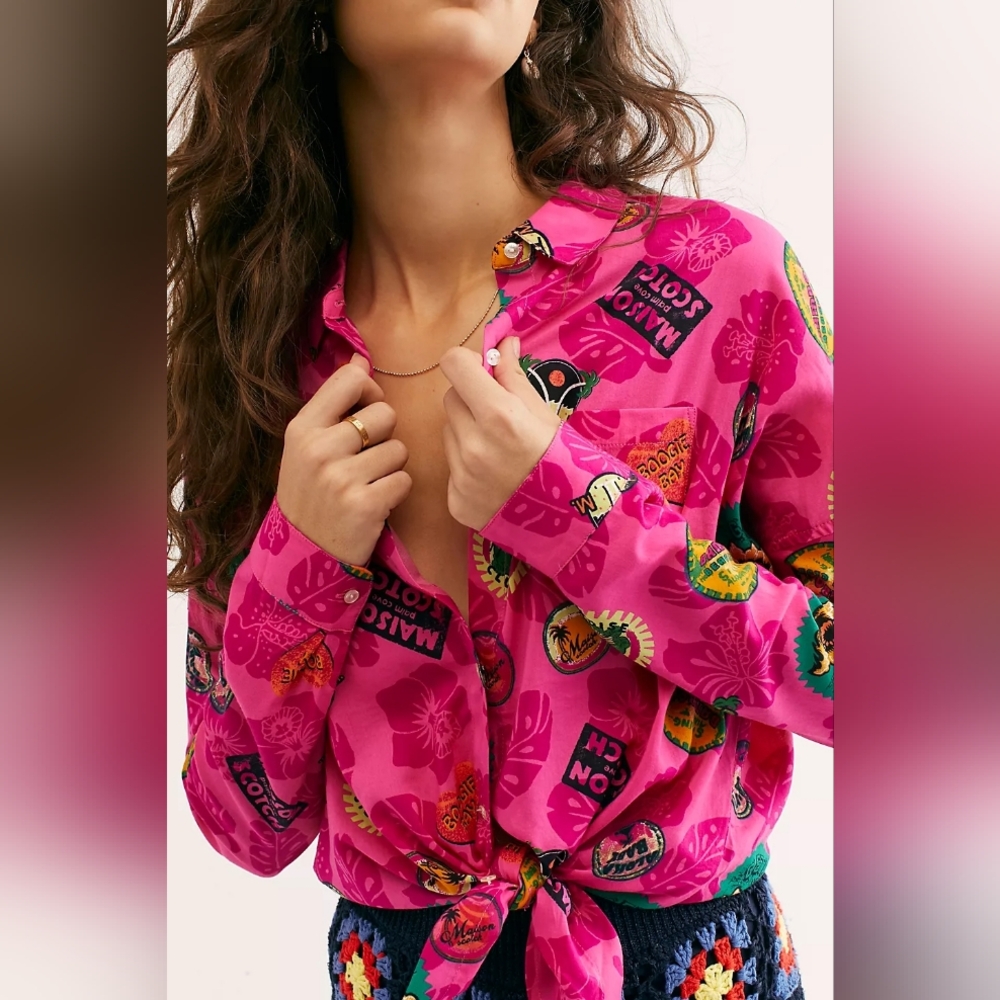 💘 Rare Scotch & Soda Maison Scotch Pink Hawaiian Long Sleeve Oversize Button Up - Picture 4 of 10